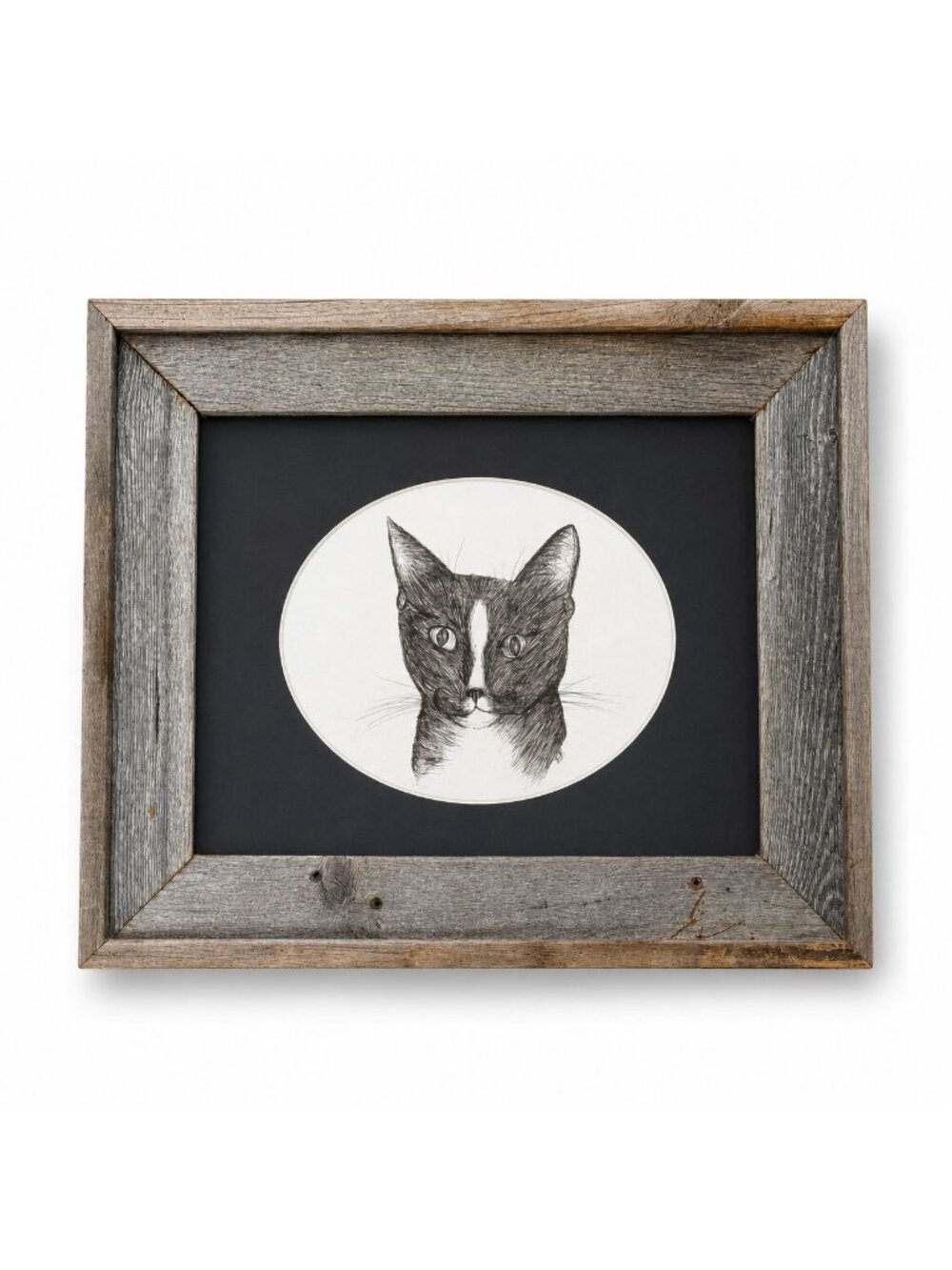 Pen and Ink Cat Barn Frame Quirky Kitten Signed Oval Mat Vintage Unique Art Farm